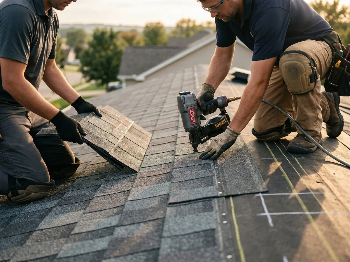 Professional roofer working on a residential roof in New Richmond
